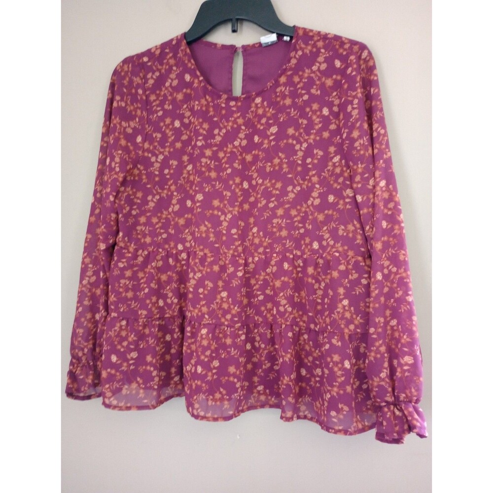 Paper Crane Burgundy Floral Babydoll Blouse Long Sleeve Semi Sheer Sleeve Size M